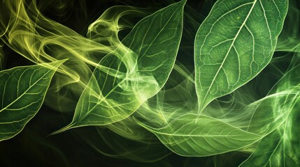 Poster - Green Leaves and Swirling Smoke Abstract Art