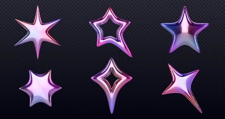 Poster - 3d y2k style stars set with holographic pink and purple gradient effect. Glossy metallic collection of celestial elements. Realistic shimmering decorative objects for trendy retro digital designs.
