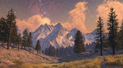 Wall Mural - Majestic snow capped mountains under a starry twilight sky