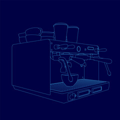 Poster - A blue drawing of a coffee maker. The coffee maker is a two-in-one espresso machine with a built-in grinder. The coffee maker is designed to be compact and easy to use