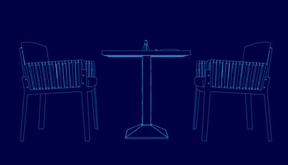 Wall Mural - A blue image of a table and two chairs. The chairs are in the foreground and the table is in the background