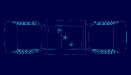 Poster - A blue image of a table and two chairs. The chairs are in the foreground and the table is in the background. Top view