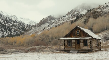 Poster - Rustic Log Cabin Snow Mountain Winter Scene