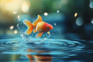 Poster - Goldfish jumps out of water creating splashes during bright outdoor setting in a peaceful environment
