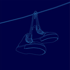 Poster - A pair of shoes hanging on a clothesline. The shoes are blue. The image has a moody, somewhat melancholic feel to it