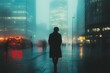 © ChaoticMind - Mysterious silhouette walking through a foggy urban landscape at night with illuminated buildings