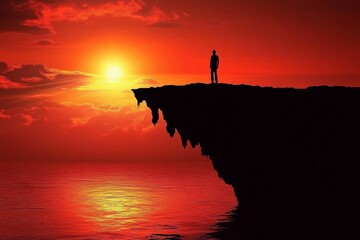 Poster - Sunset view from a cliff with a solitary figure overlooking the vibrant ocean and sky