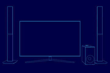 Poster - A blue drawing of a television, speaker and amplifier. The television is turned off and the speaker is turned off