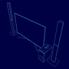 Fototapete - A blue image of a television and speakers. The speakers are on the right side of the television