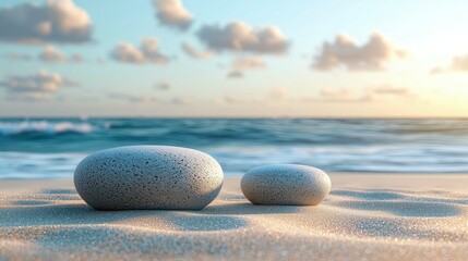 Wall Mural - serene seascape: two smooth stones on a sandy beach at sunset, a peaceful coastal scene
