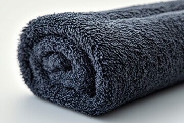 Poster - Soft dark gray towel rolled neatly on a surface, ideal for bathroom or spa use