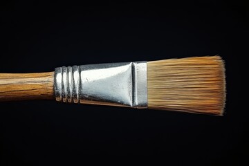 Poster - Close-up view of a paintbrush showcasing its wooden handle and fine bristles with a sleek metallic ferrule