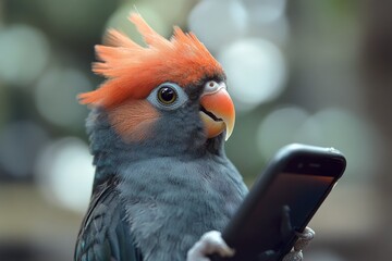 Aufkleber - Colorful parrot curiously interacting with a smartphone in a lively outdoor setting