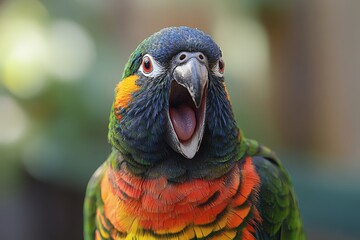Poster - Colorful parrot displaying vibrant feathers while calling out in a lush garden setting during daylight hours