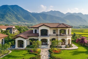 Wall Mural - Mountain view luxury villa, landscaped garden, rice paddy, aerial