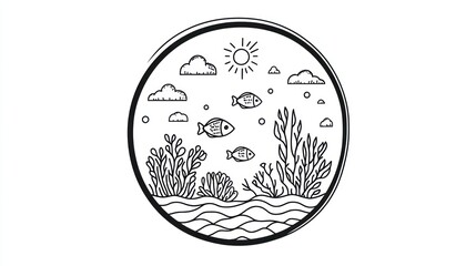 Wall Mural - Underwater scene fish, sun, clouds, sea, illustration