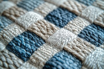 Poster - Close-up of woven textile with beige, blue, and grey threads in a checkered pattern.