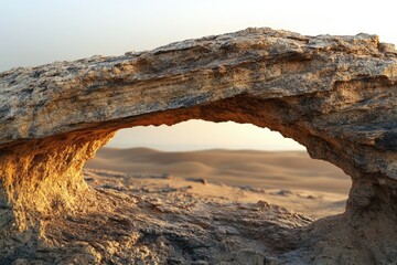 Aufkleber - A natural rock arch frames a desert landscape at sunset, showcasing the beauty of erosion and nature's artistry.