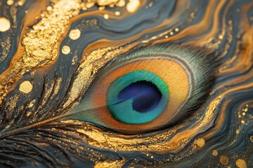 Poster - A vibrant peacock feather rests on a luxurious gold and black marbled surface, showcasing exquisite detail and texture.