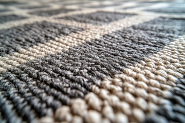 Poster - Close-up view of a textured carpet with grey and beige stripes, showcasing its intricate woven fibers.