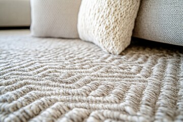 Aufkleber - Close-up of textured neutral-toned fabric, possibly a sofa throw or rug, with off-white pillows in the background.