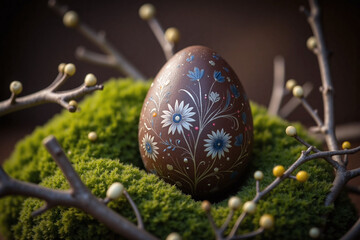 ornate dark brown egg with hand painted floral pattern on moss and branches