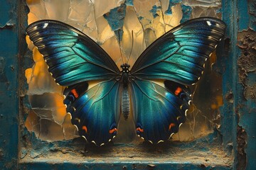 Poster - A vibrant blue morpho butterfly rests on a weathered, cracked window pane, creating a stunning contrast.
