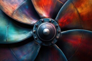 Poster - Close-up view of a large, metallic propeller with vibrant, multicolored blades.
