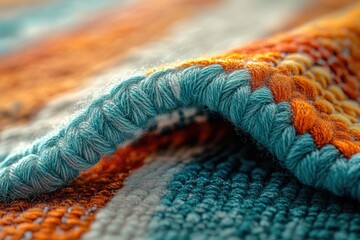 Poster - Close-up of a textured fabric with teal, orange, and white stripes, showcasing intricate woven details.