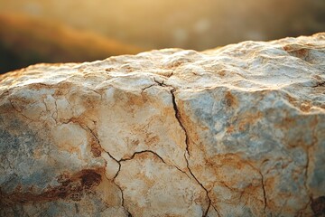 Aufkleber - Close-up of a weathered, cracked rock surface bathed in golden sunlight, exhibiting textures and fissures.