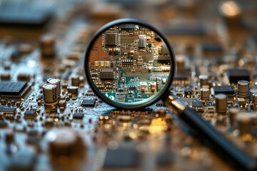 Aufkleber - Close-up of a circuit board viewed through a magnifying glass, revealing intricate electronic components.