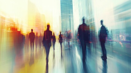 Aufkleber - A blurred urban scene with silhouettes of people walking amidst tall buildings, evoking a sense of motion and city life.