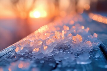 Poster - Stunning sunset illuminates delicate ice flowers blooming on a frosty surface.