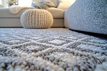 Aufkleber - Close-up view of a textured gray and white rug in a modern living room with blurred sofa and ottoman.