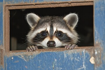 Aufkleber - Curious raccoon peers through blue wooden opening in a rustic structure during daylight hours