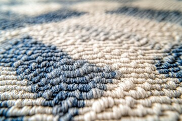 Poster - Close-up view of a textured fabric with beige and blue patterns, showing intricate yarn details.