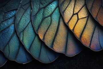 Poster - Close-up of iridescent butterfly wings showcasing vibrant blues, greens, and golds with intricate vein patterns.