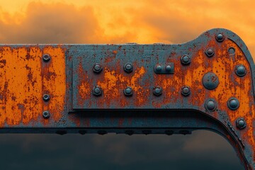 Poster - Rusty metallic structure against a fiery sunset, showcasing intricate details and weathered texture.