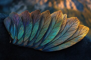 Poster - Iridescent insect wings arranged in a fan-like pattern, showcasing intricate veins and vibrant colors.