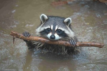 Poster - Raccoon in water holding a stick while enjoying a playful moment outdoors