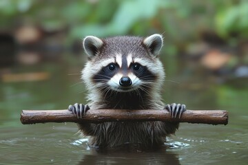 Aufkleber - Raccoon playfully holding a stick while wading in shallow water at a forest edge during daylight hours