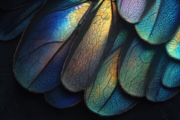 Poster - Close-up of iridescent insect wings displaying vibrant, multicolored textures and intricate patterns.