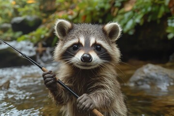 Poster - Raccoon holds fishing pole by a serene stream surrounded by lush greenery during daylight