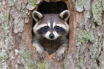 Poster - Curious raccoon peeks out from tree trunk during daylight in a forest habitat