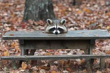 Poster - Raccoon resting on a wooden table in a forest during autumn foliage