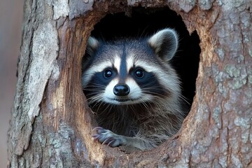 Poster - Curious raccoon peeking out from hollow tree trunk in a forest setting during daylight