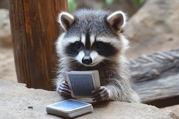 Aufkleber - Raccoon holding cards while sitting on a table in an outdoor environment during the day