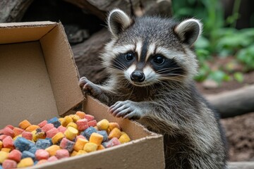 Aufkleber - Raccoon examining colorful food treats in a natural habitat during daylight hours