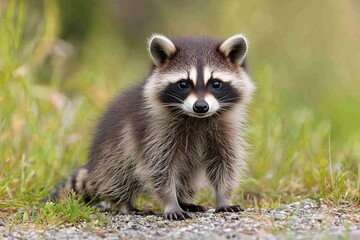 Poster - Raccoon stands alert in grassy area during bright daytime in a natural environment
