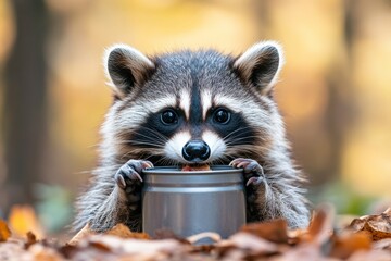 Poster - Curious raccoon enjoying a snack in a forest during autumn afternoon